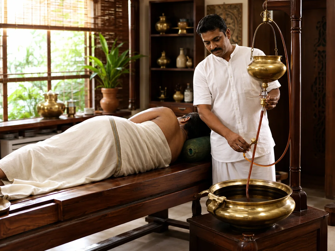 Basti therapy prepared in a traditional Panchakarma room
