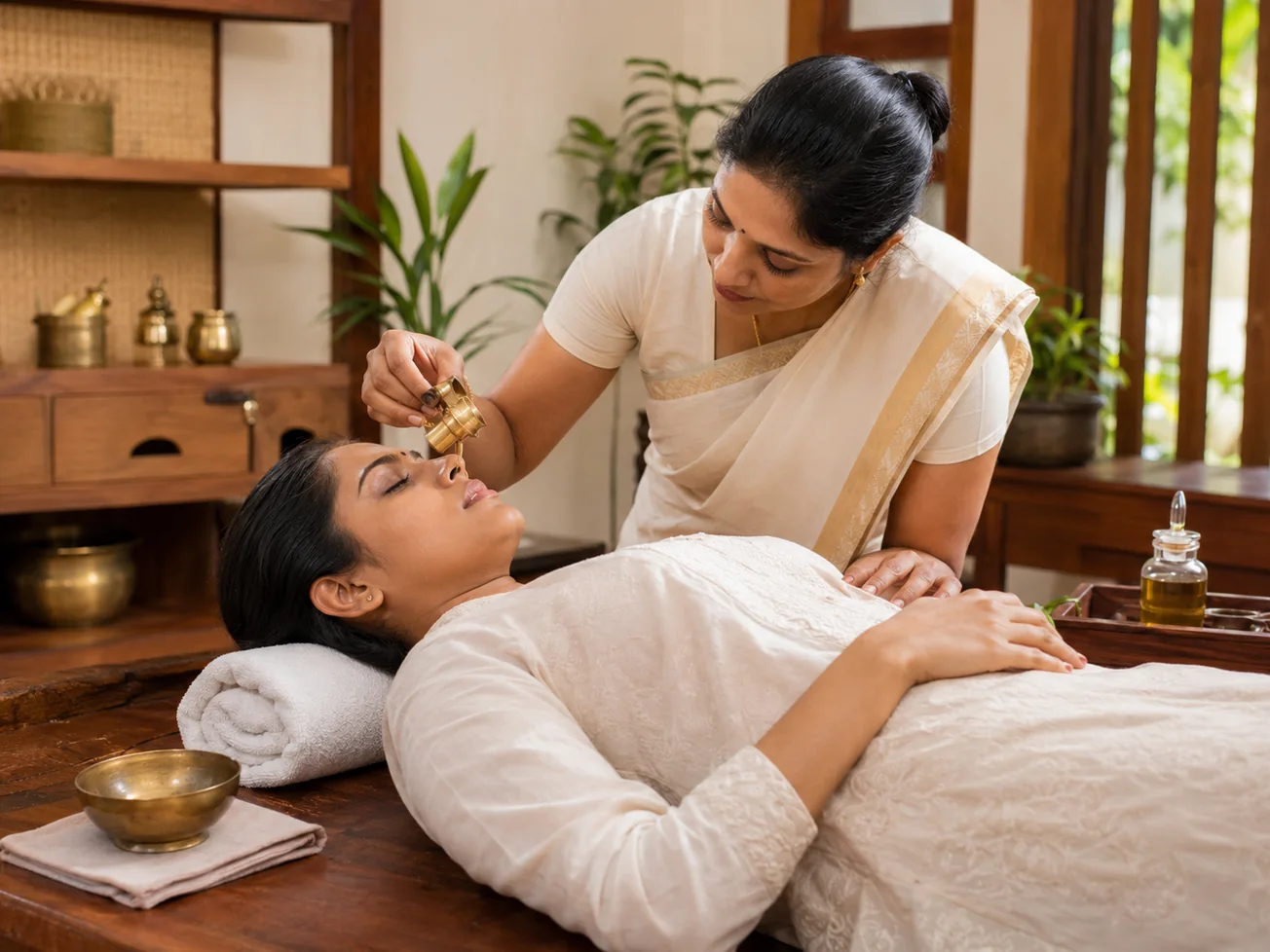 Nasya nasal therapy administered by an Ayurveda practitioner